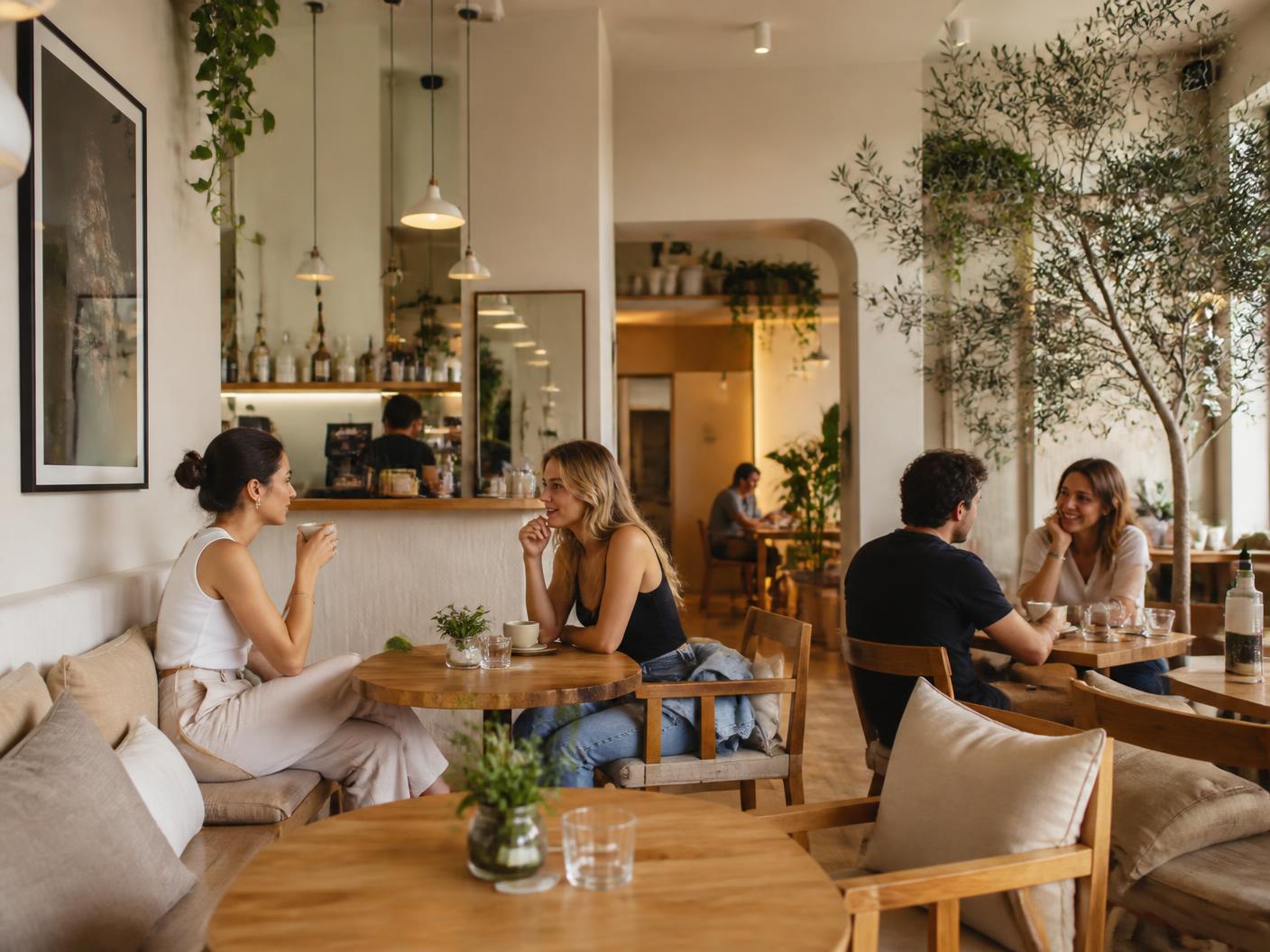 Guests relaxing and working inside the warm, plant-filled Cloudy Cup interior