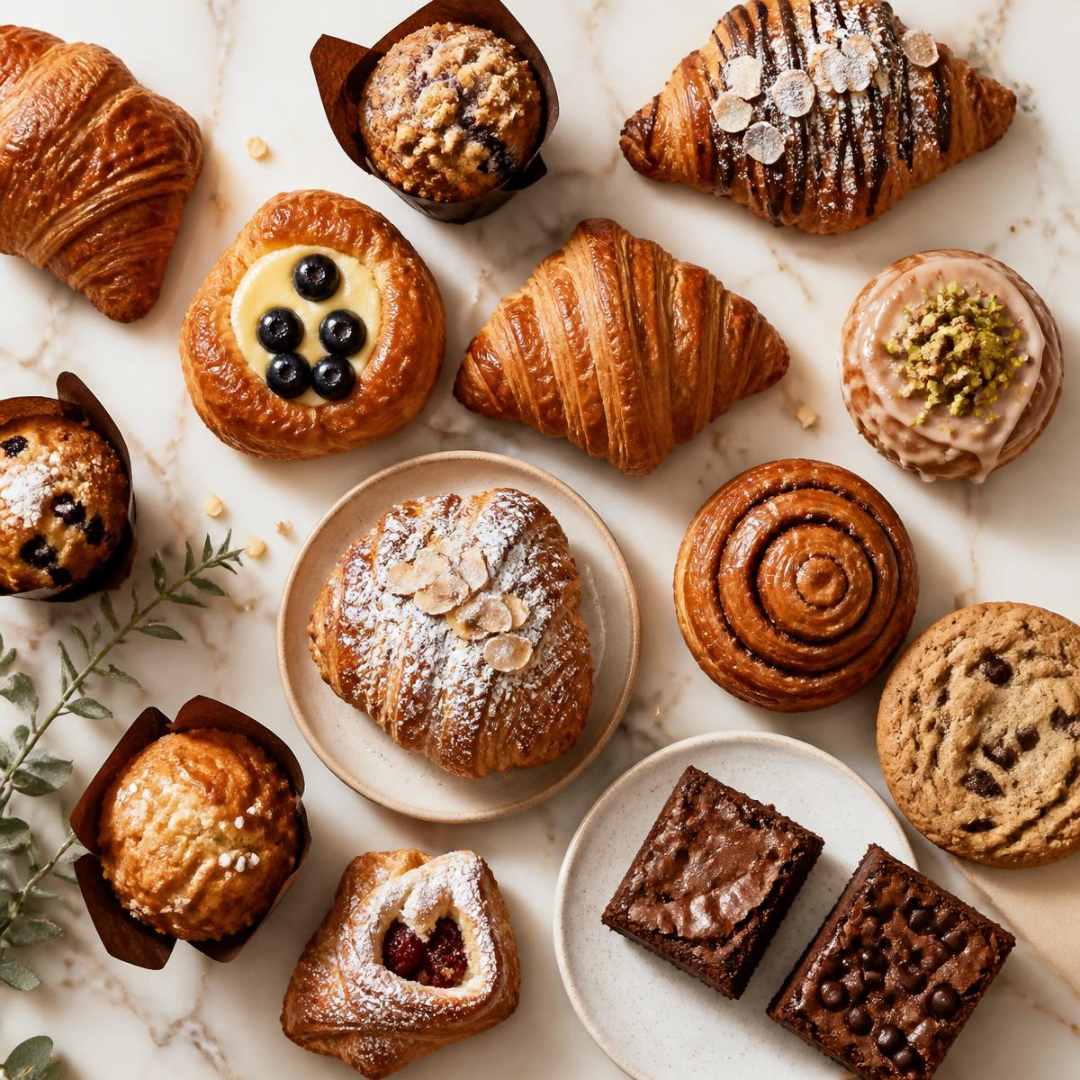 Flat lay of fresh croissants, muffins and brownies