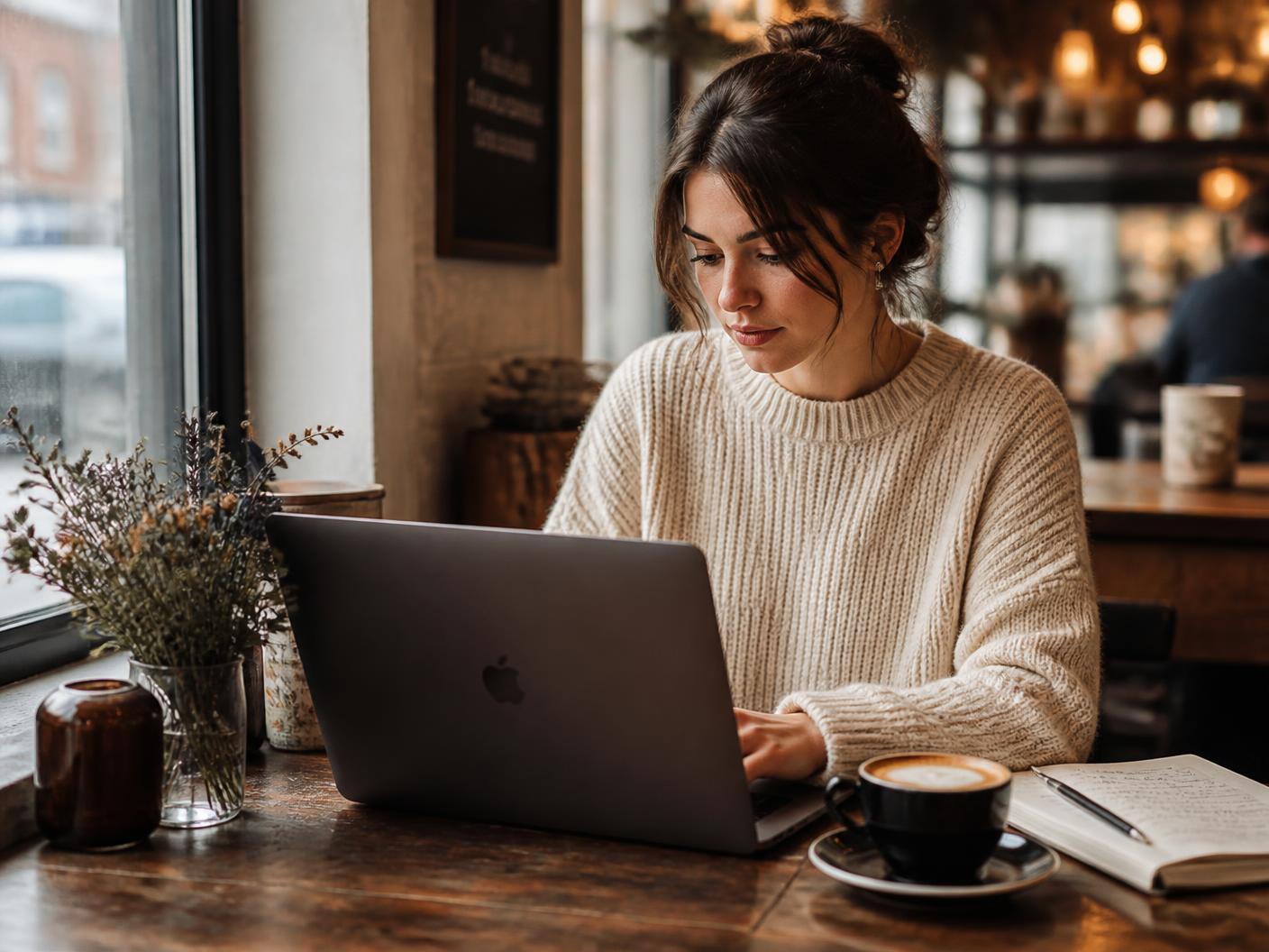 A guest working on a laptop with a cappuccino at a café window table